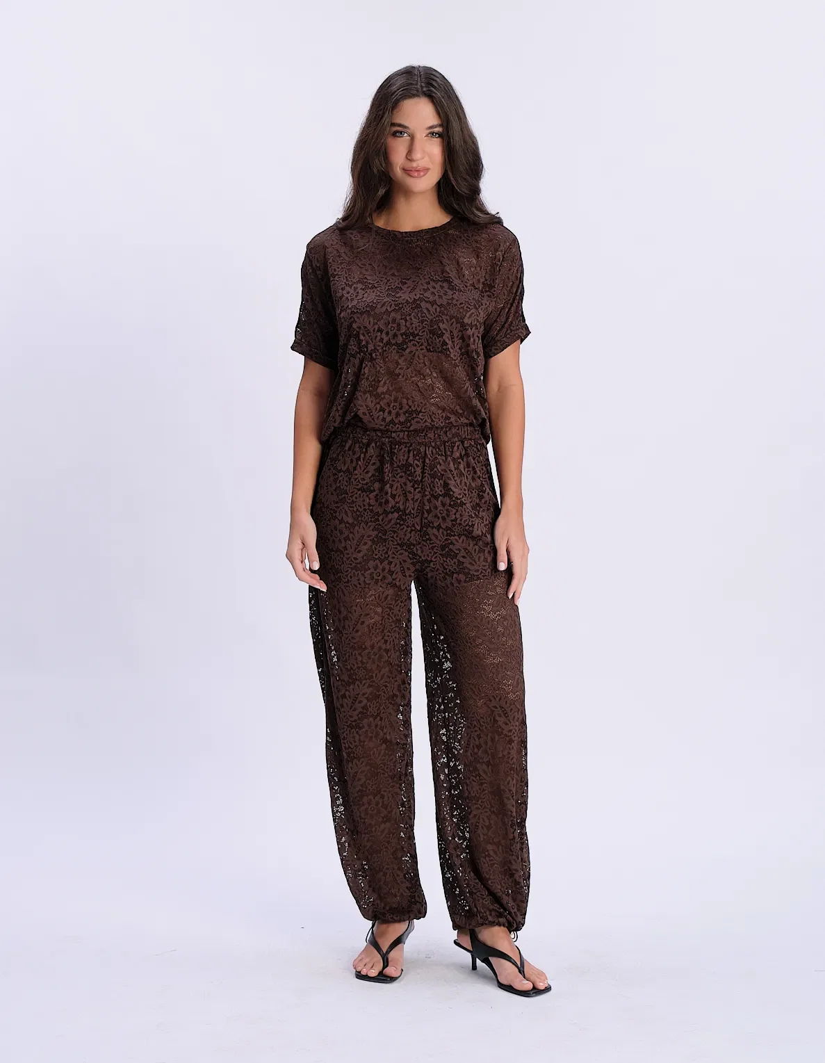 Calça Pantalona Renda Detalhe Faixa - Cafe