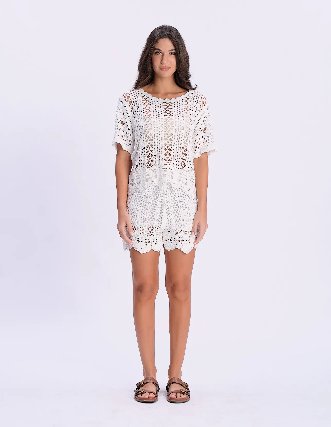 Conjunto Blusa e Shorts Crochê Com Paetê - Branco
