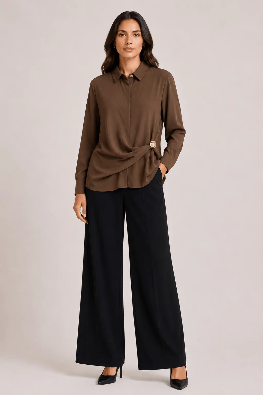 Camisa Transpasse Botao - Marrom