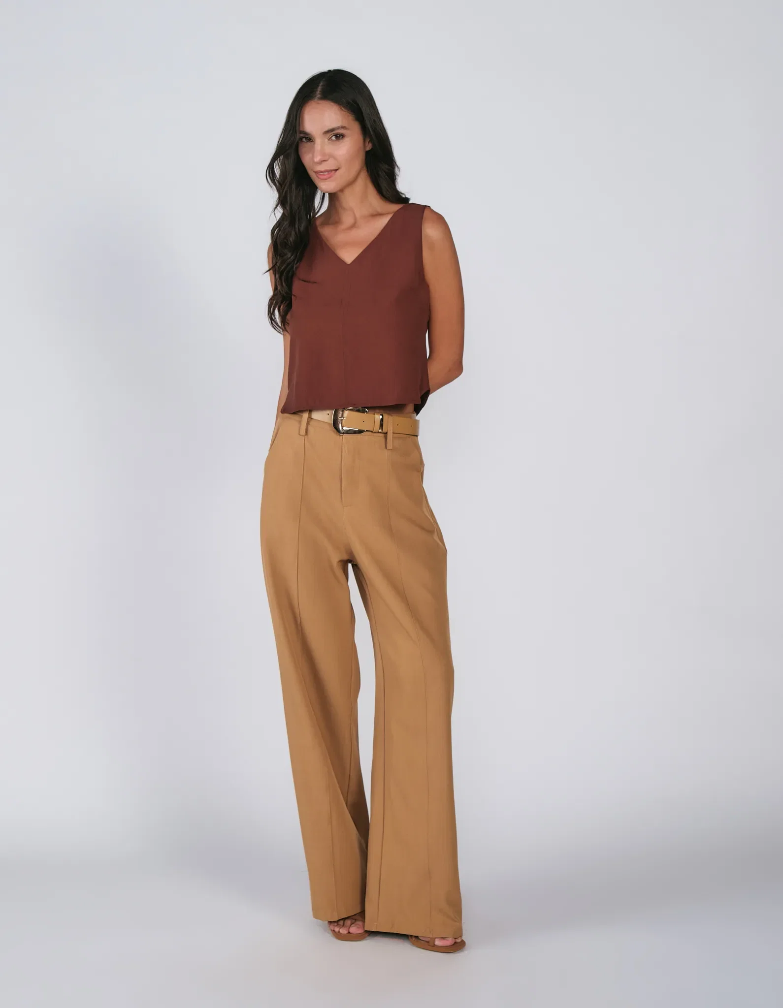 Calça Pantalona Com Cinto - Caramelo