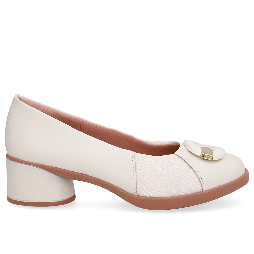 Scarpin Branco Marfim Couro Lateral Tecido Enfeite