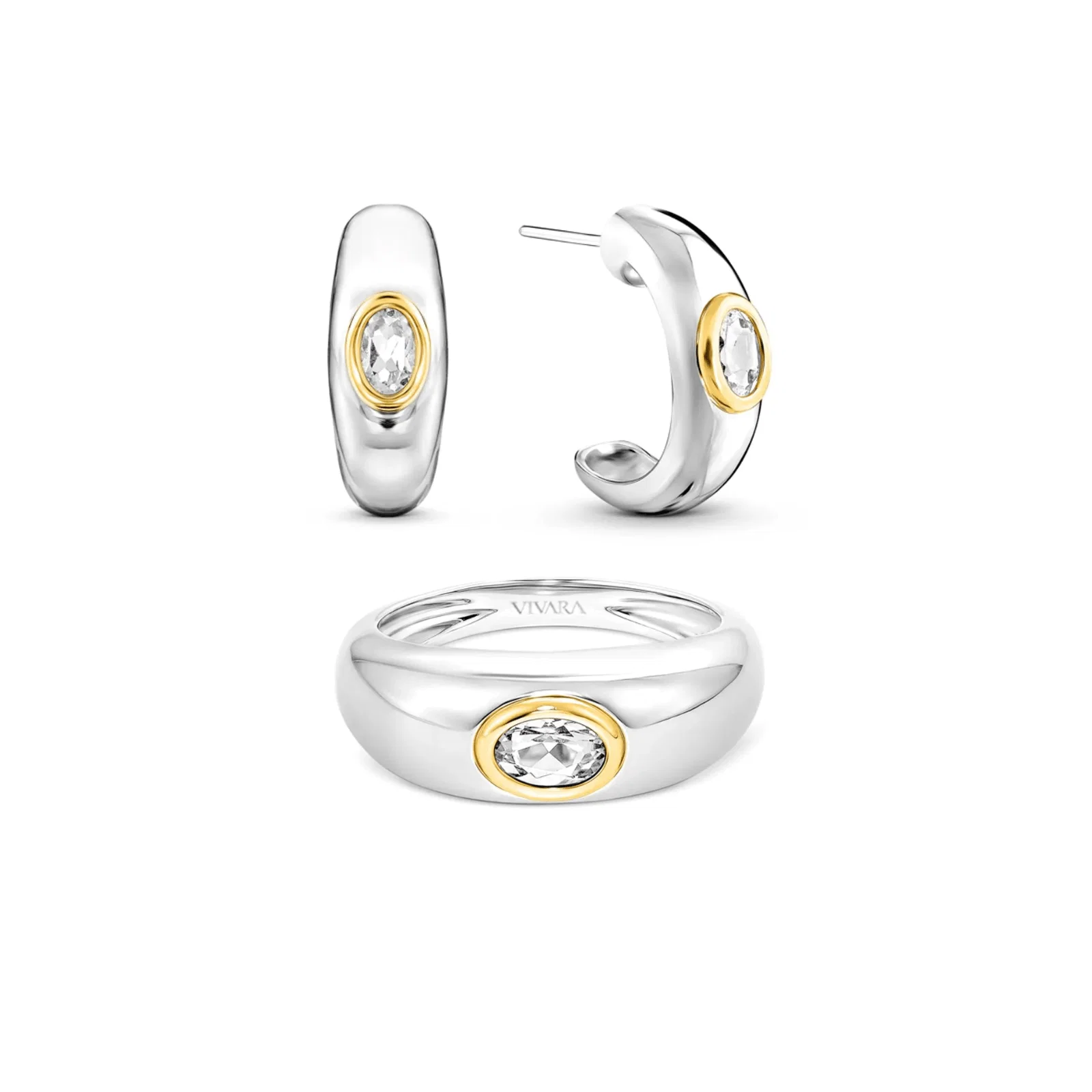 Conjunto Bombe Anel + Argola em Prata 925 e Ouro Amarelo 18K com Topázio Incolor, 20mm