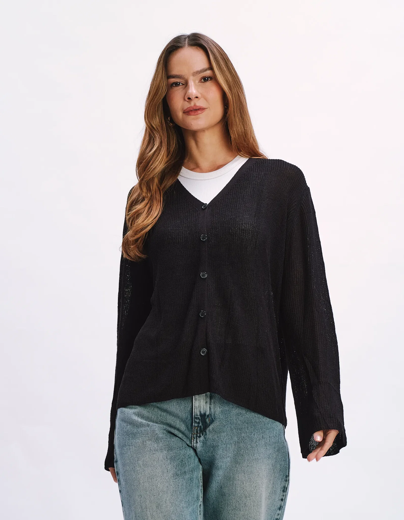 Casaco Cardigan Manga Longa Botões - Preto