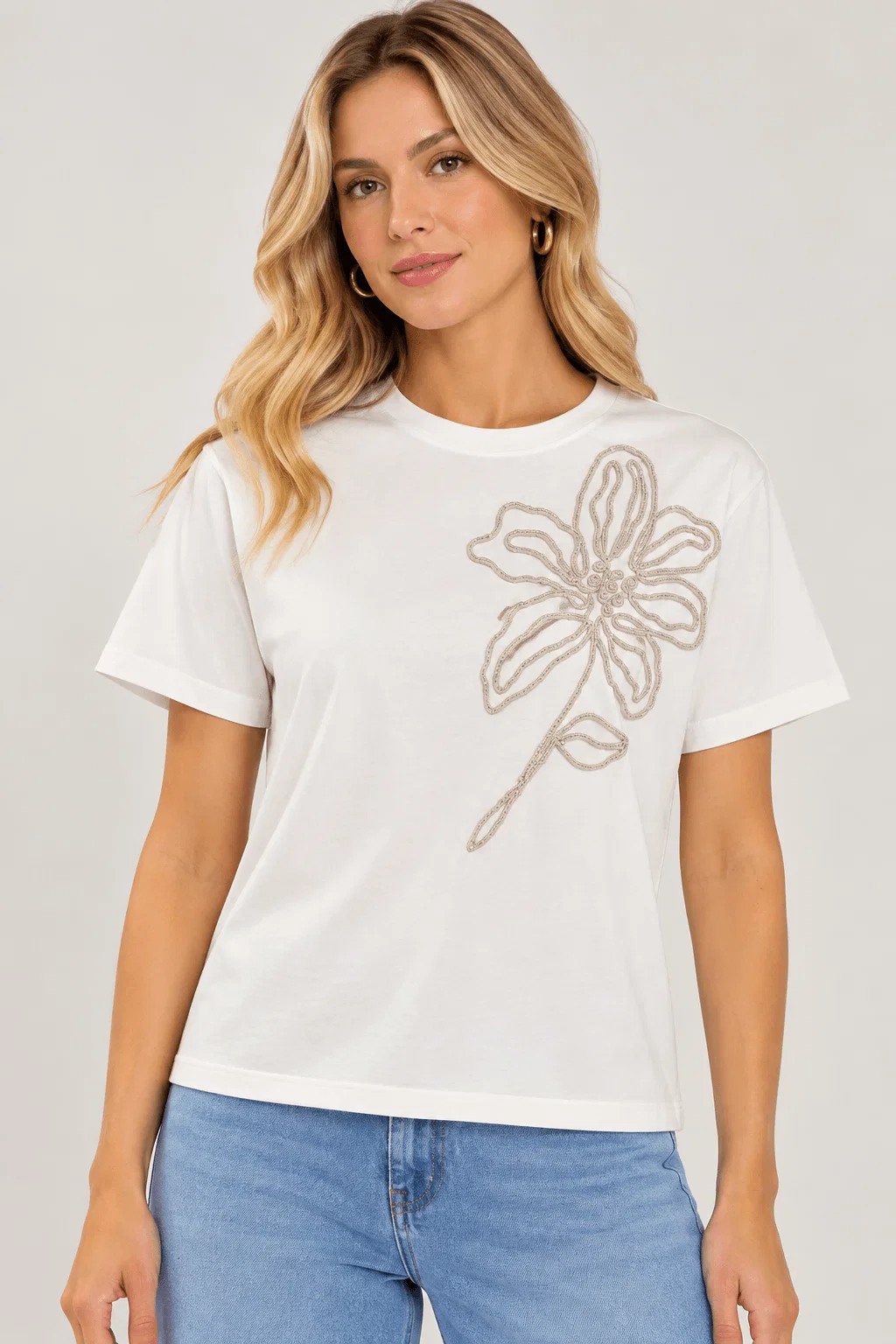 Blusa Bordado Cordonê Flor Lurex - Branco
