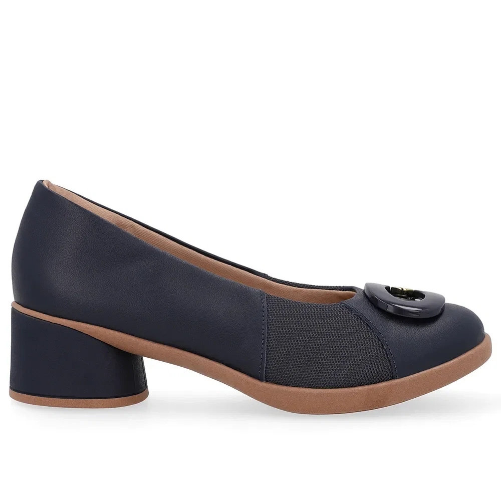 Scarpin Azul Couro Lateral Tecido Enfeite — imagem 1