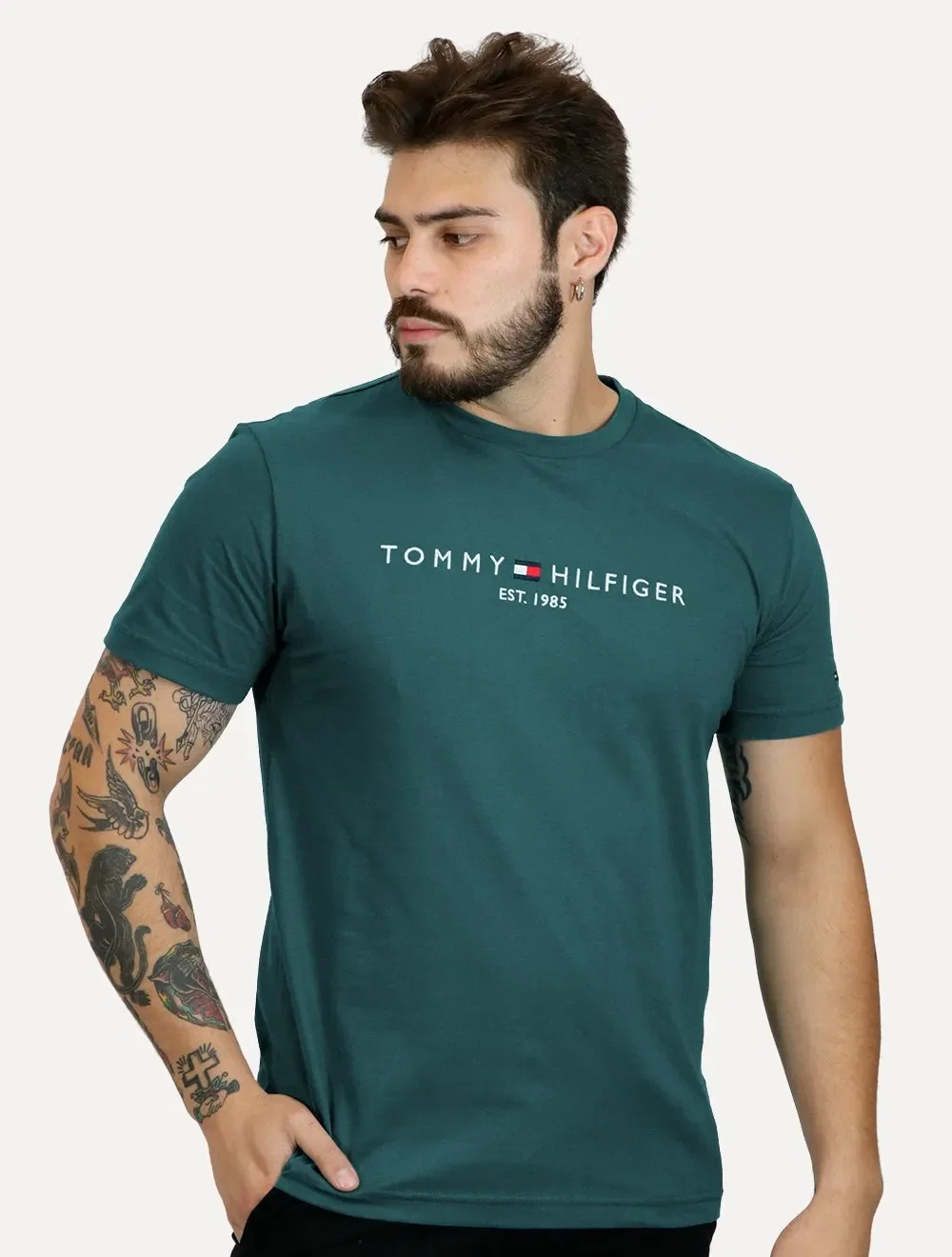 Camiseta Tommy Hilfiger Masculina Core Logo Verde Escuro — imagem 1