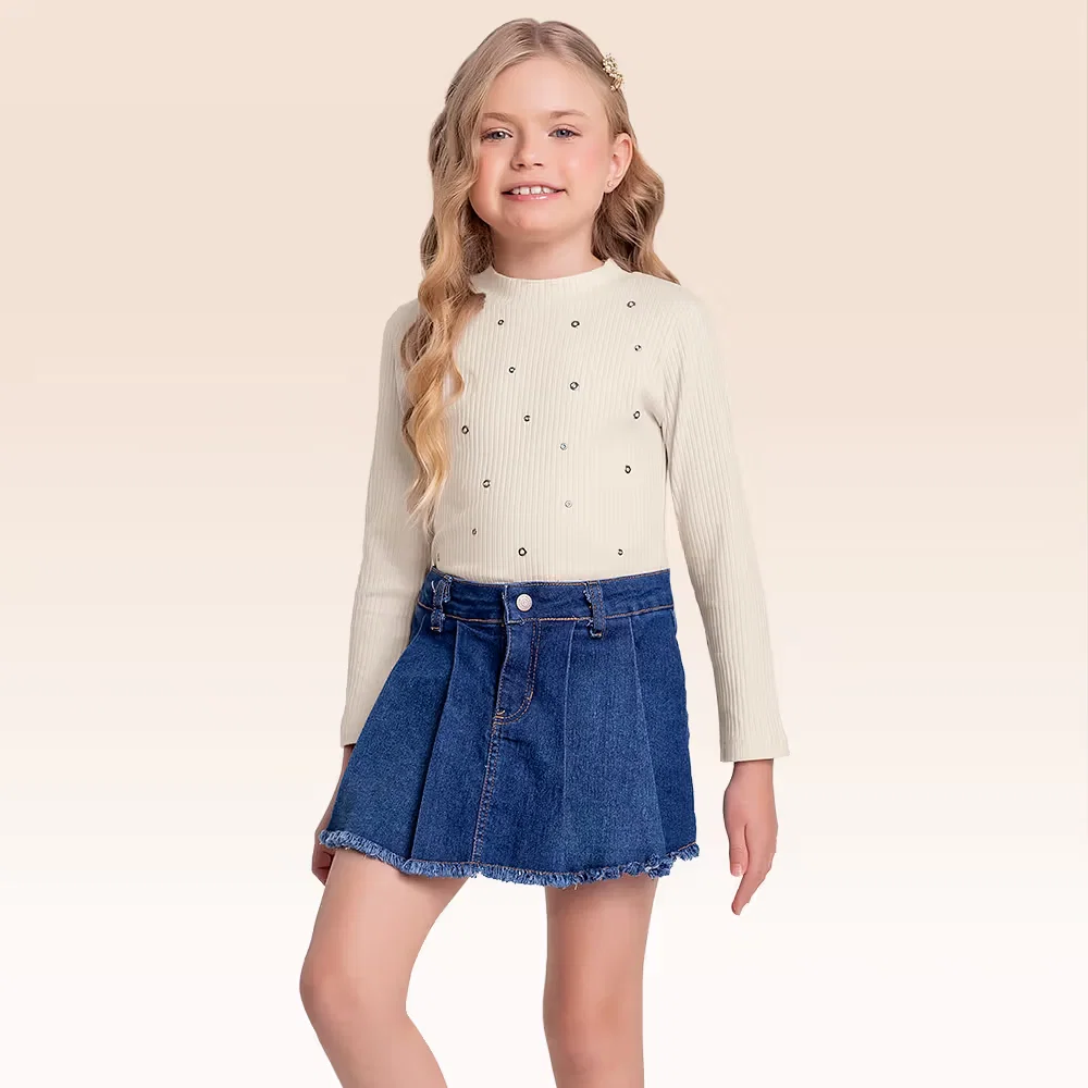 Blusa manga longa com aplique em strass