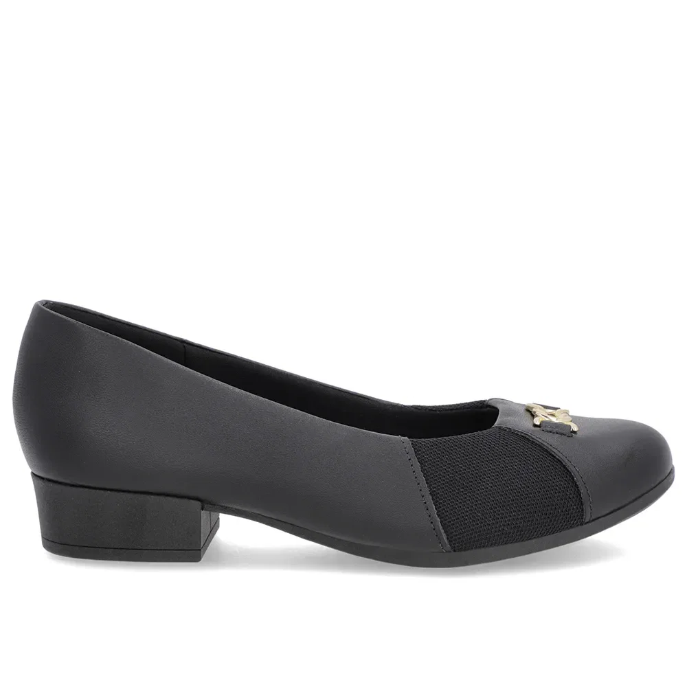Scarpin Preto Couro Bico Redondo Tecido Lateral — imagem 1