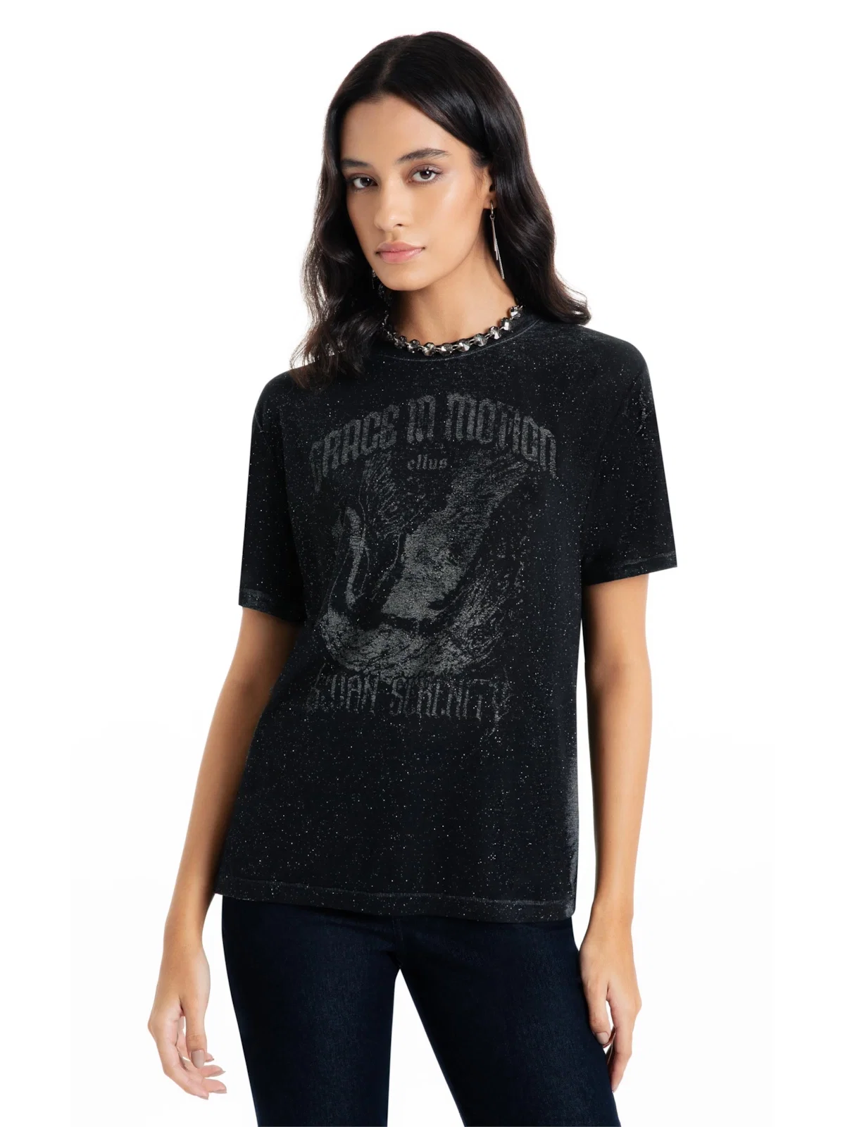 Blusa Cotton Devore Cisne Glitter Preto — imagem 1