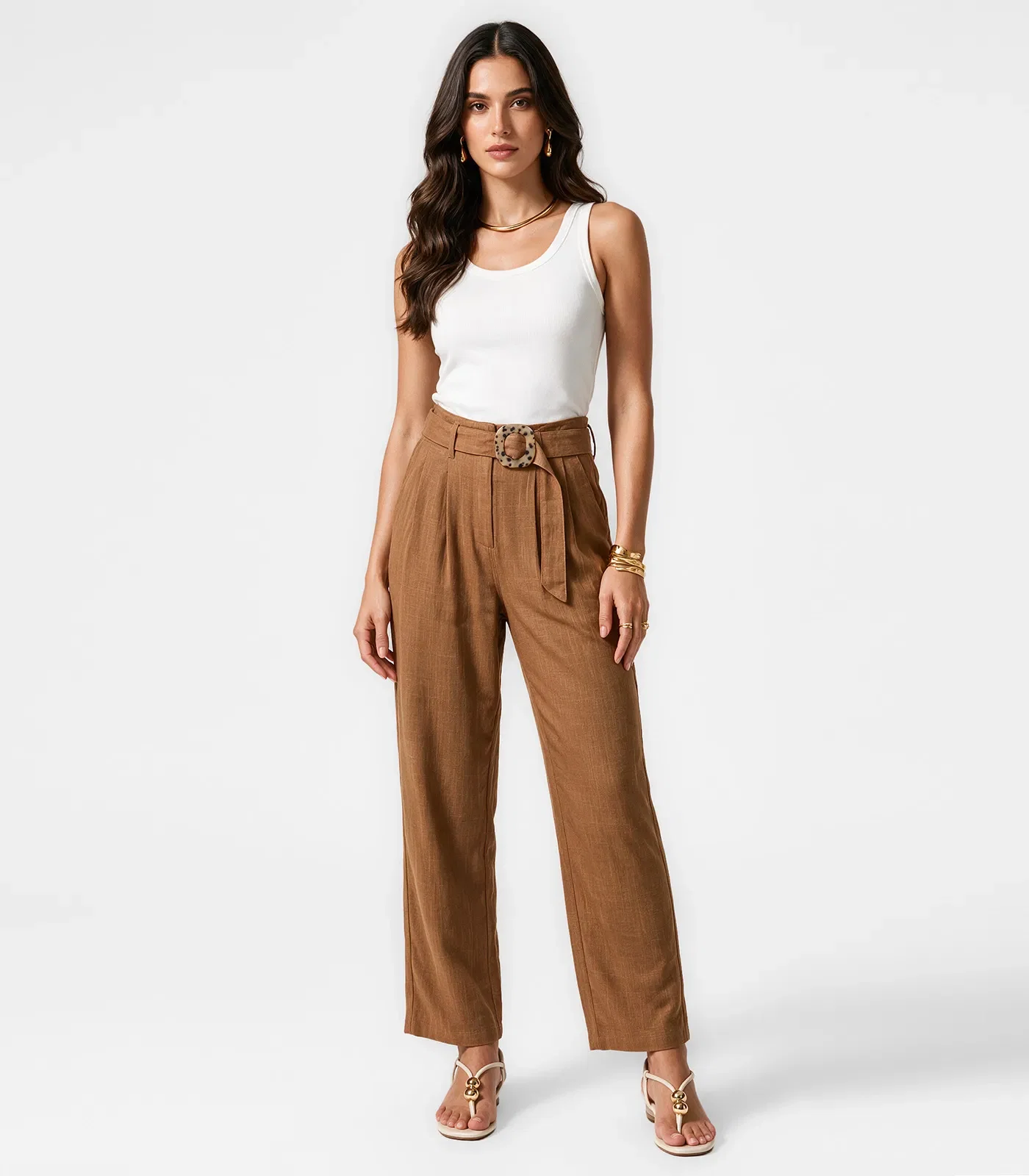 Calça Feminina Com Cinto Em Viscolinho Dianna Marrom