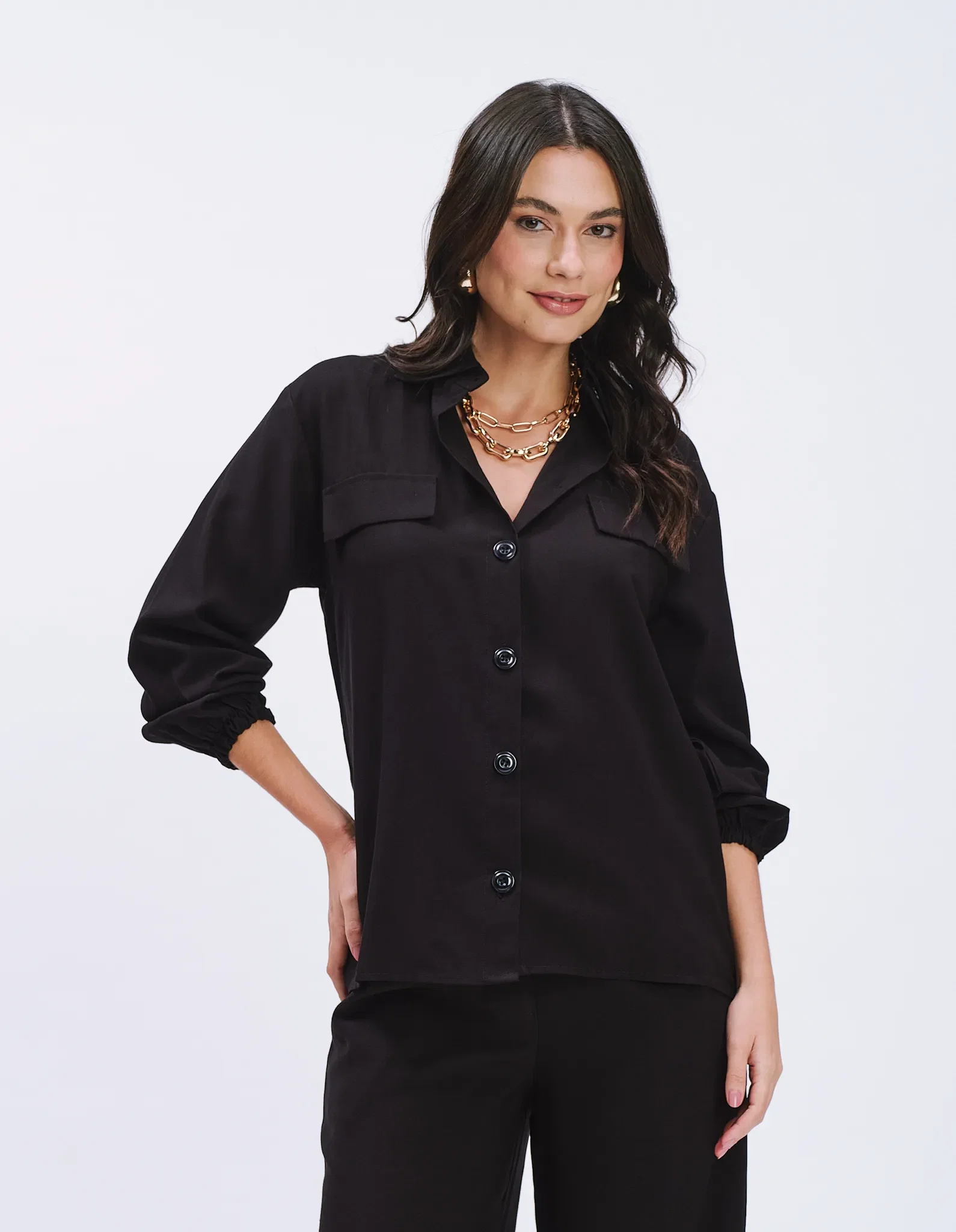 Blusa Manga Longa Com Bolsos - Preto