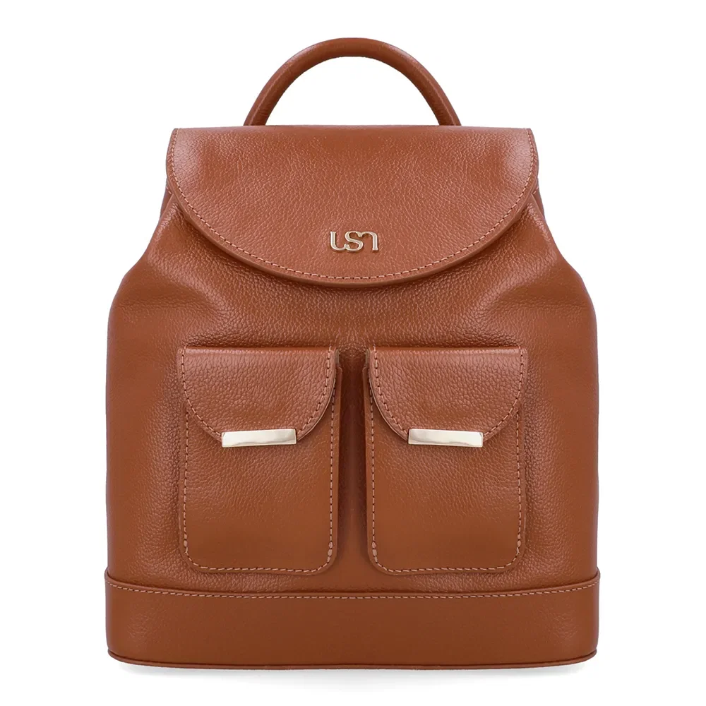 Mochila Couro Marrom Bolso Frontal