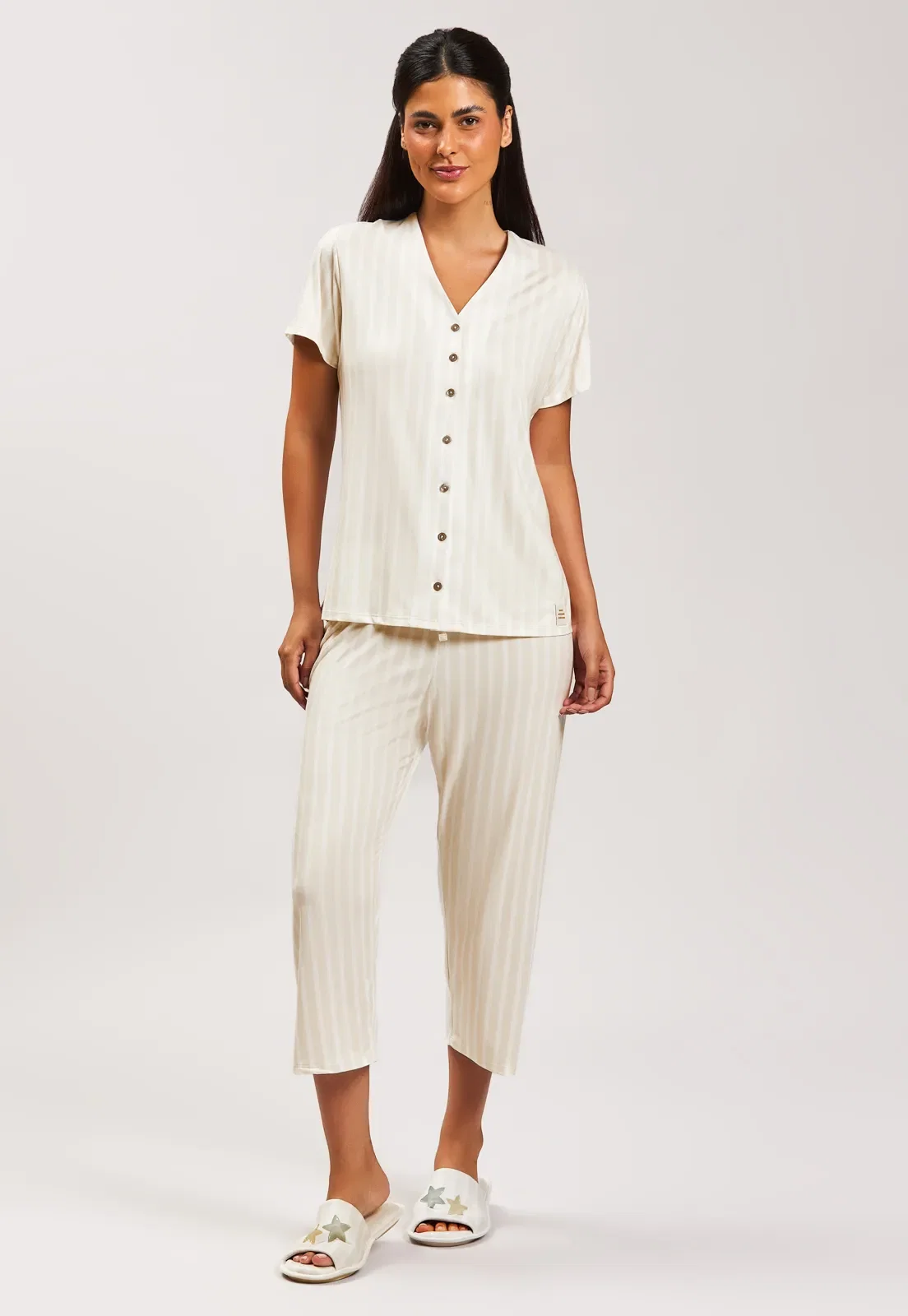 Pijama Aberto Com Capri Algodão Baunilha
