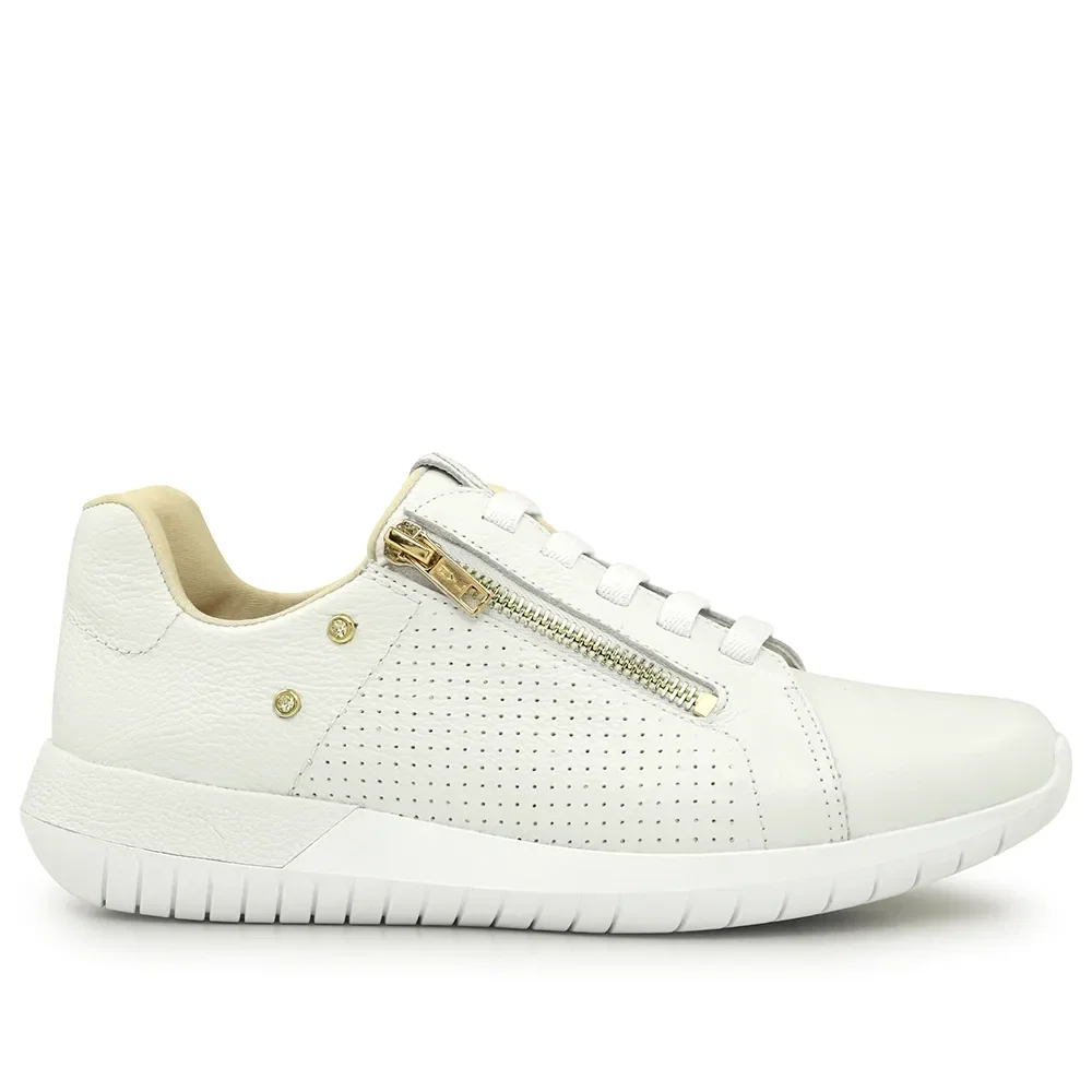 Tênis Casual Branco Couro Zíper
