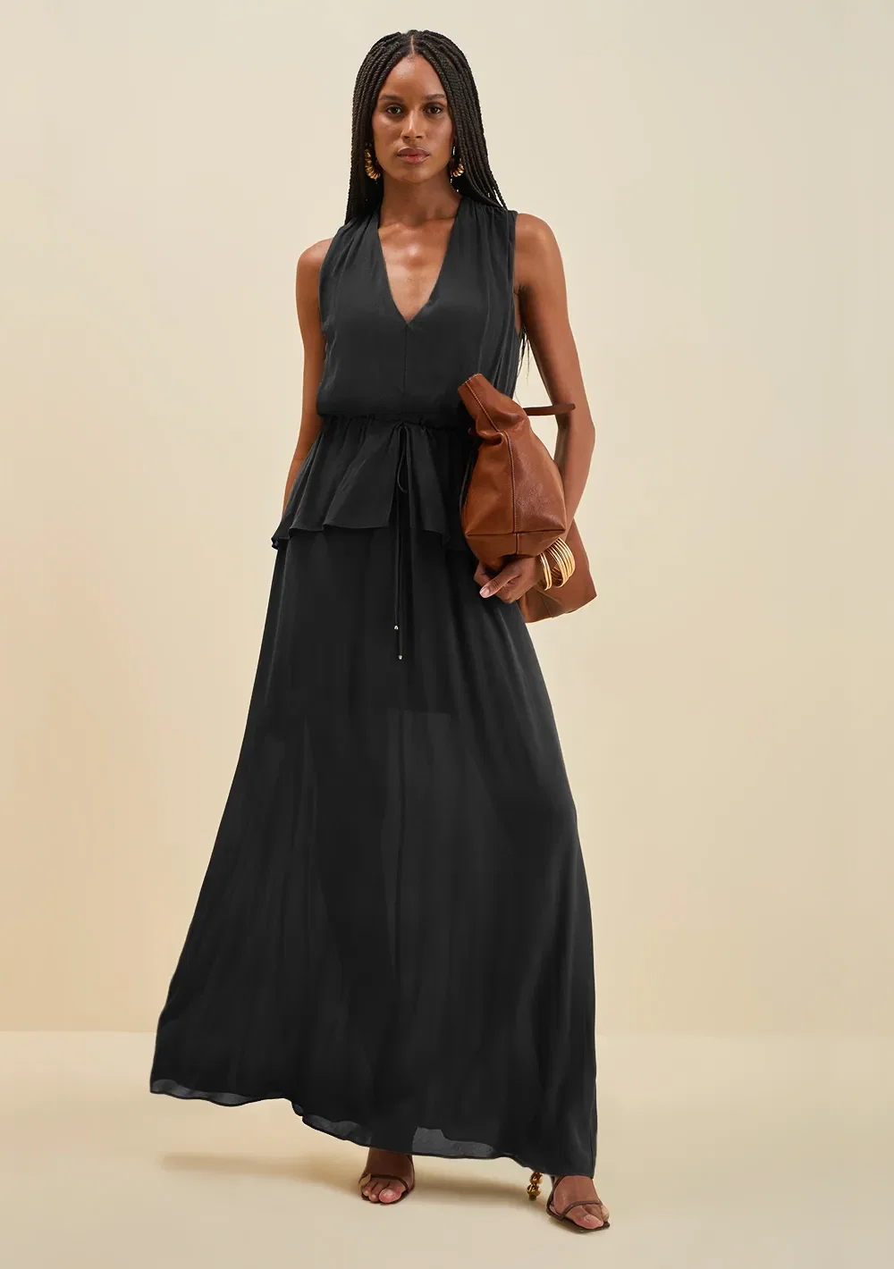 Vestido Morena Rosa Solto Decote V Sem Manga Longo Preto