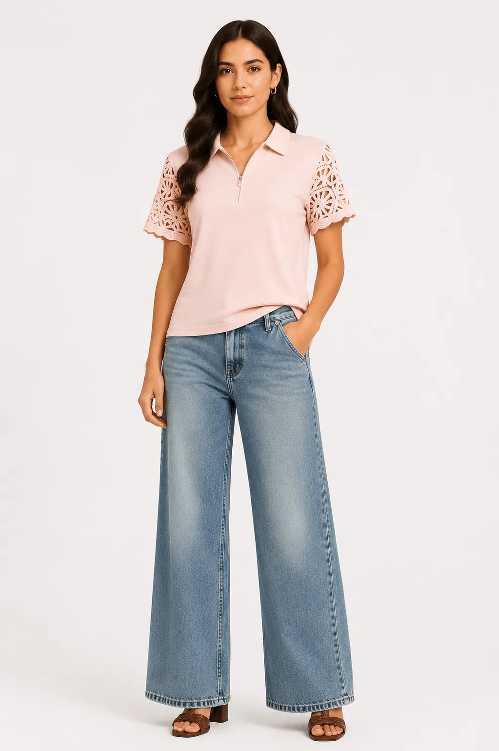 Blusa Polo Com Manga Rendada - Rosa