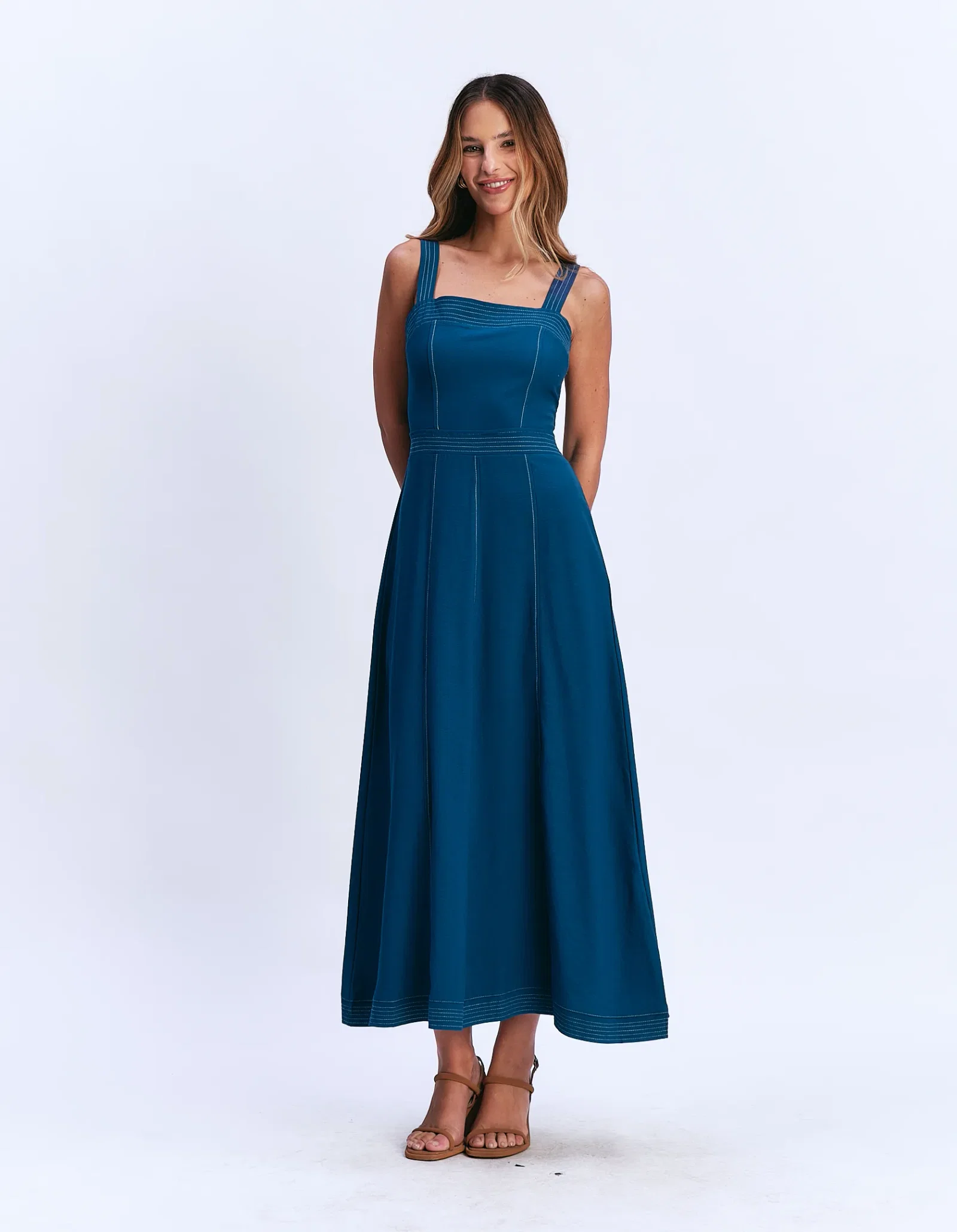 Vestido Midi Pesponto Contrastante - Azul