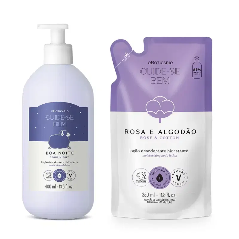 Combo Cuide-se bem: Loção Corporal Boa Noite 400ml + Refil Rosa e Algodão 350ml