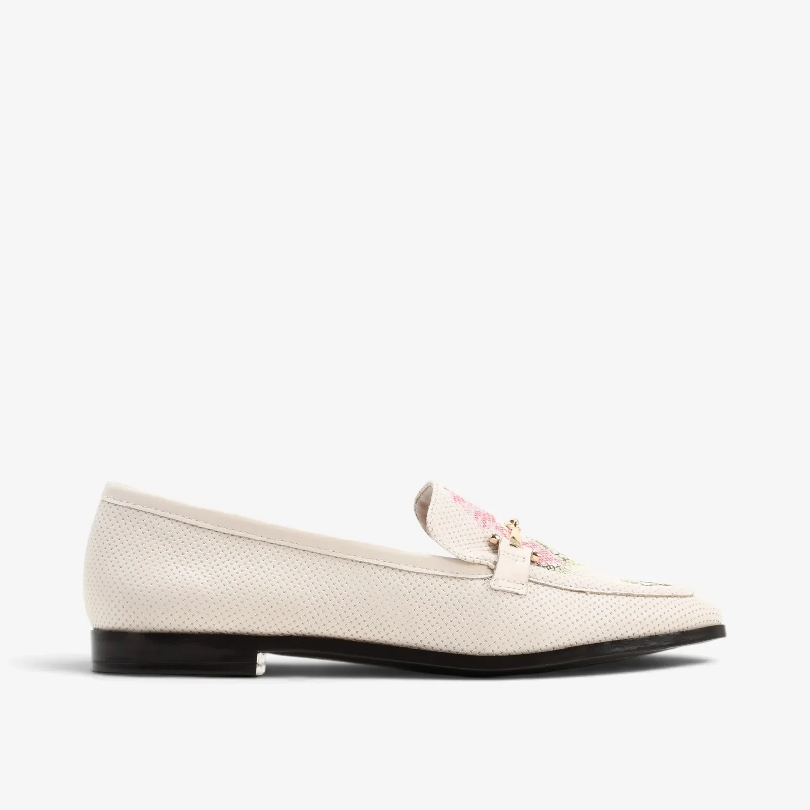 Loafer Flor Off White Algodão Couro