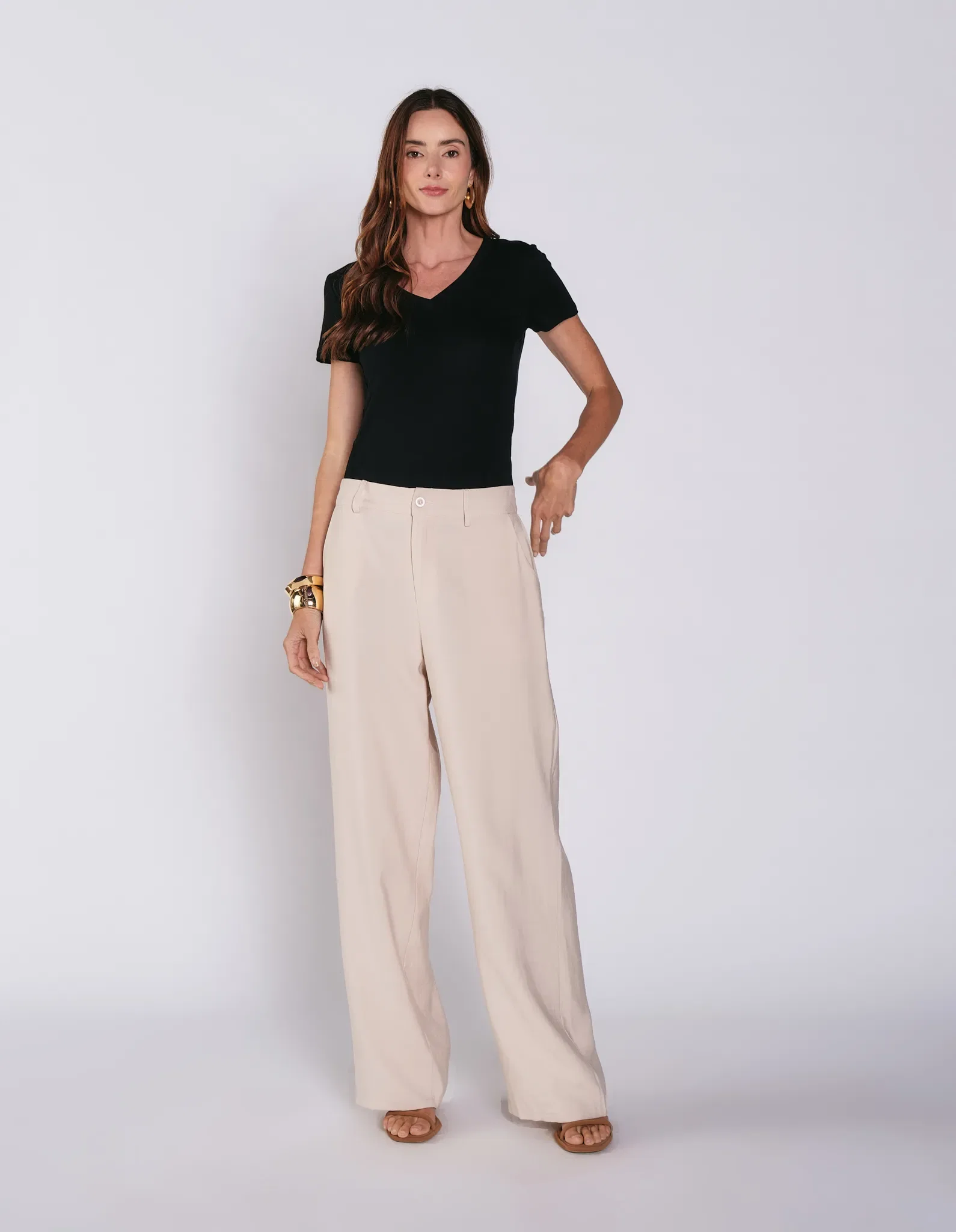 Calça Pantalona Alfaiataria - Areia — imagem 1