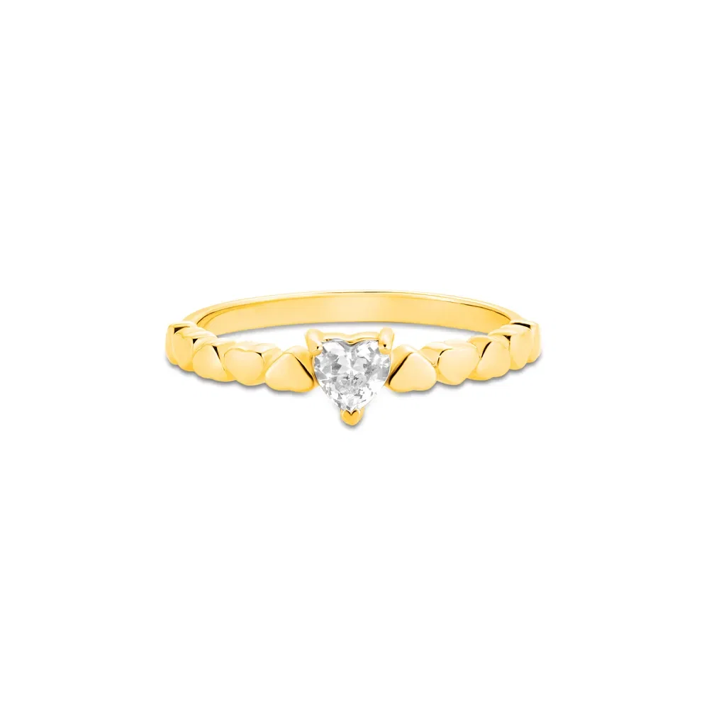 Anel Life Love Corações em Prata 925 com Banho de Ouro Amarelo 18k e Pedras Incolores
