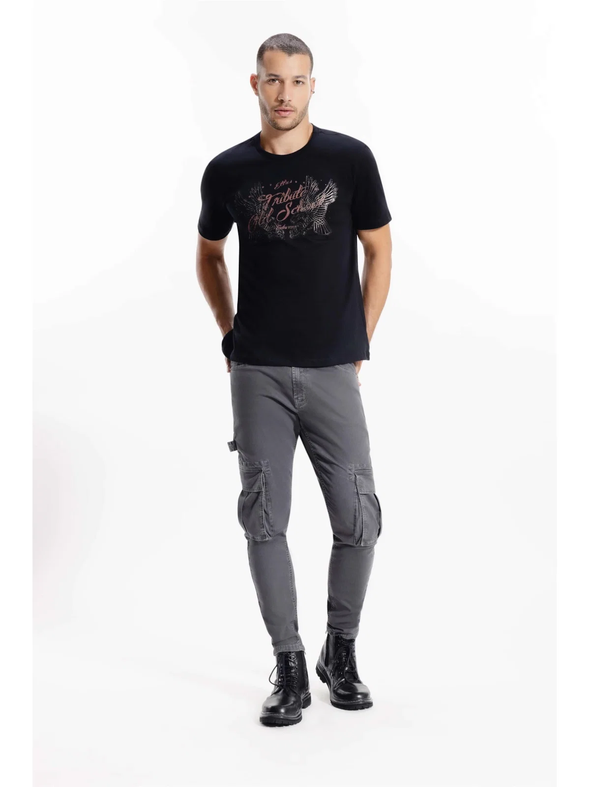 Calça Sarja Diagonal Rock Cargo Cinza