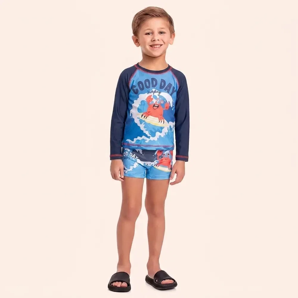 Conjunto moda praia camiseta manga longa e sunga boxer