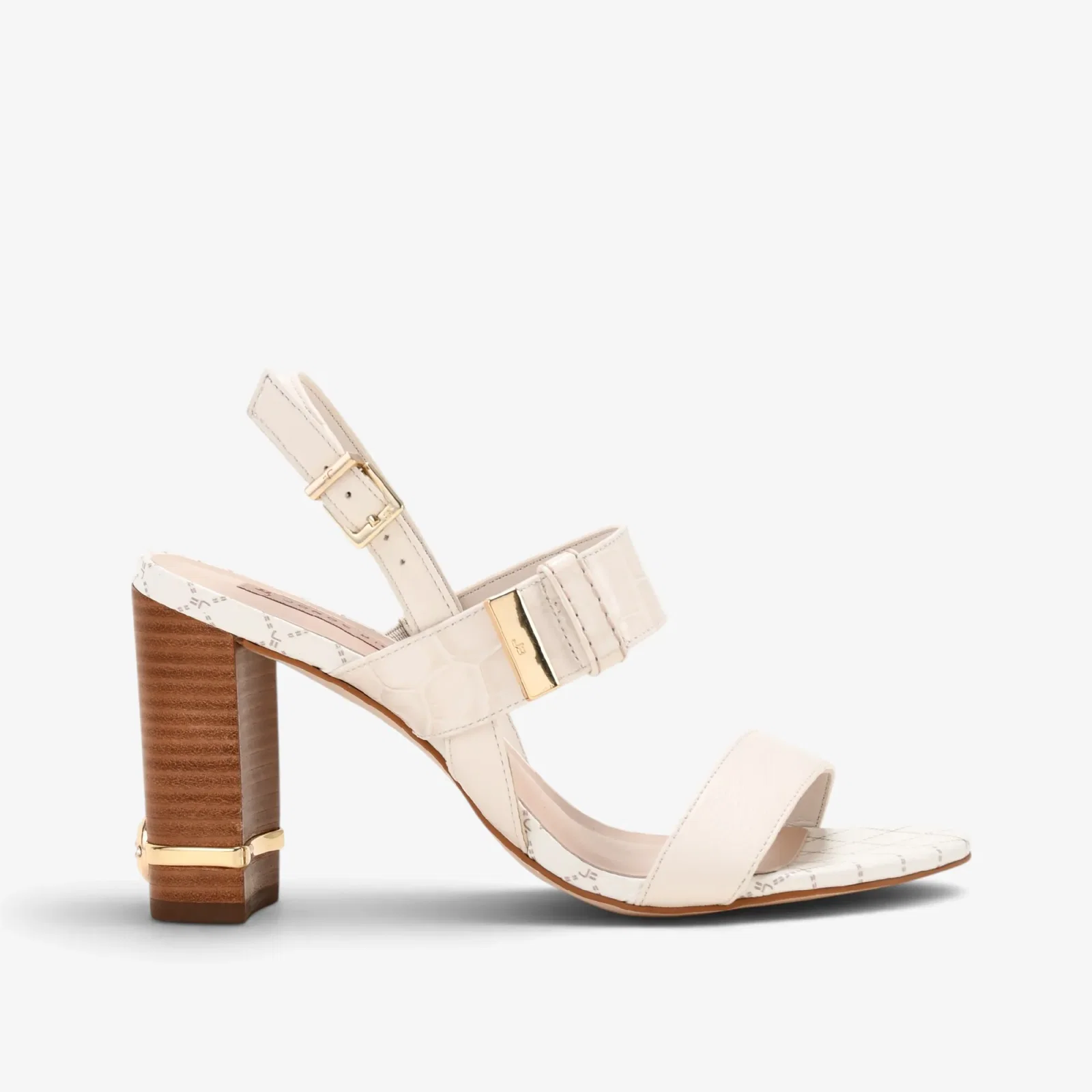 Sandália Salto Bloco Off White Algodão Couro
