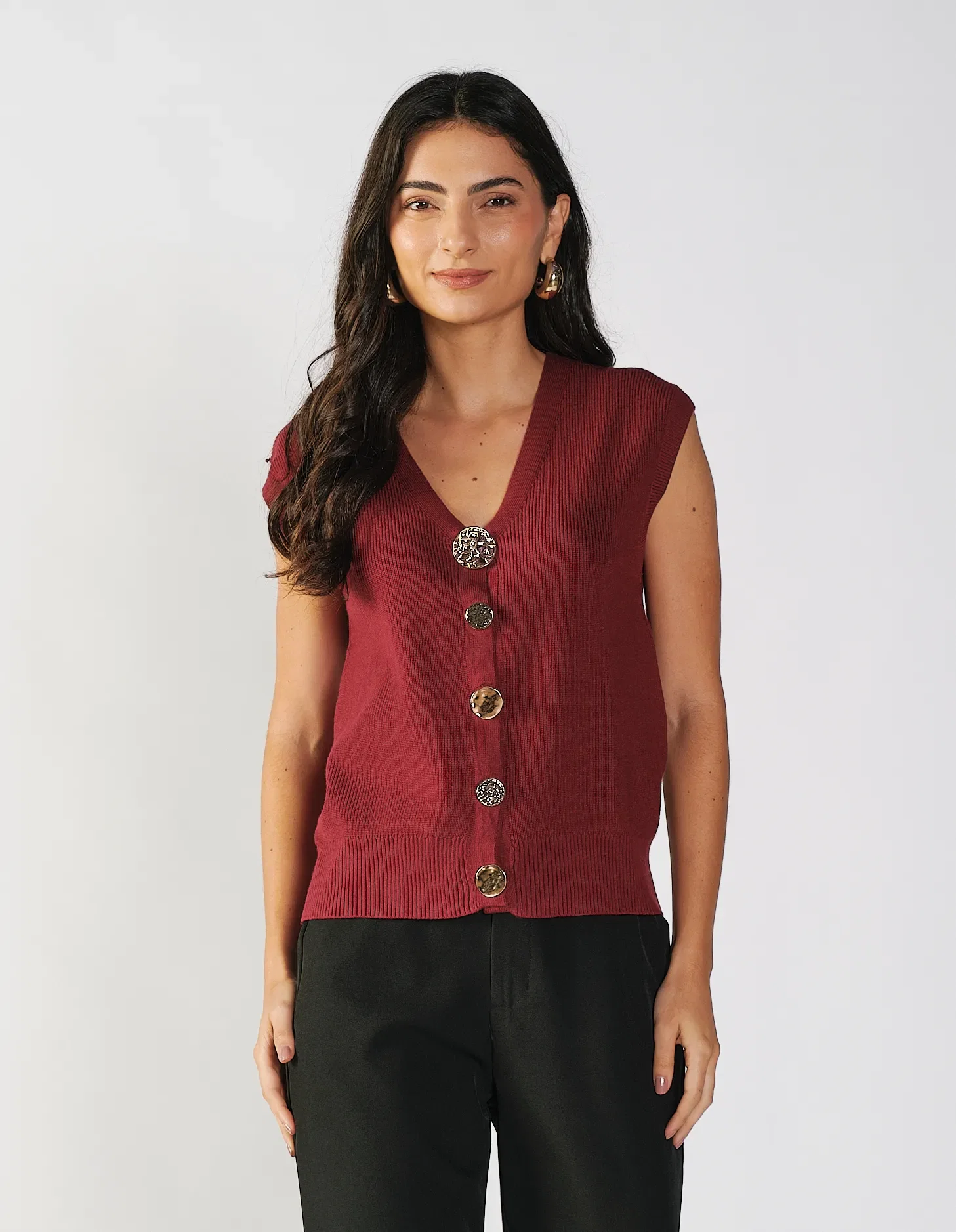 Blusa Tricot Botões Orgânico - Vinho — imagem 1