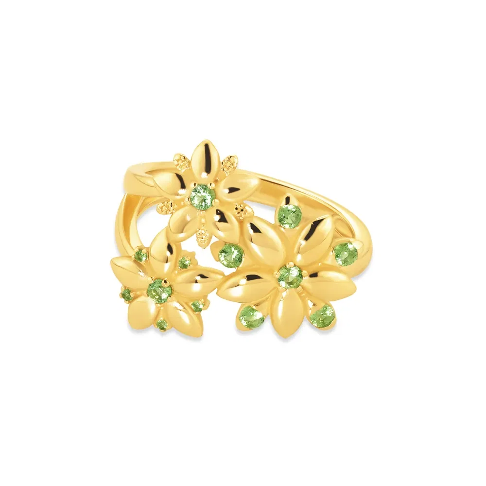 Anel Life Botânica em Prata 925 com Banho de Ouro Amarelo 18k e Pedras Verdes