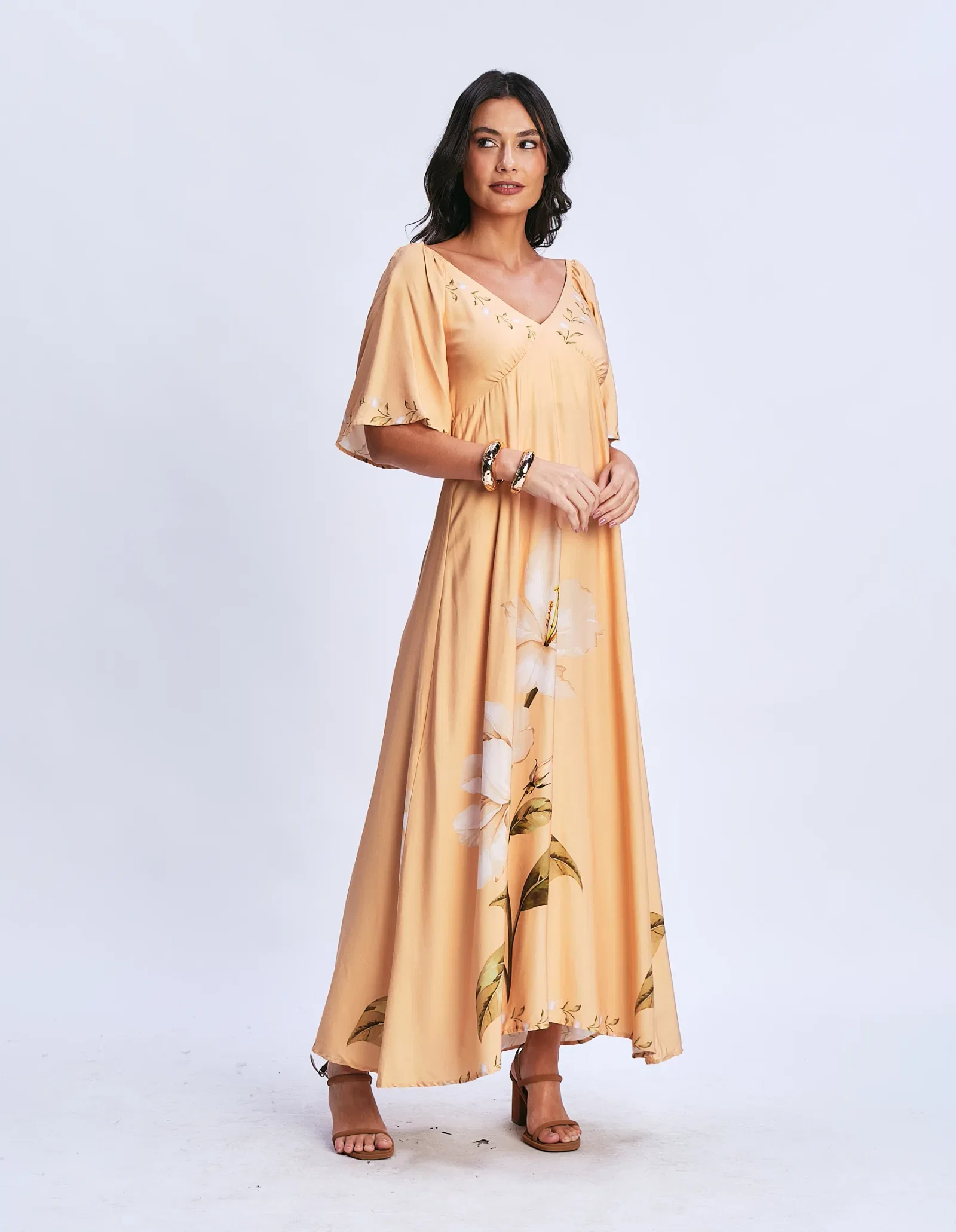 Vestido Longo Estampado Floral Hibisco - Amarelo — imagem 1