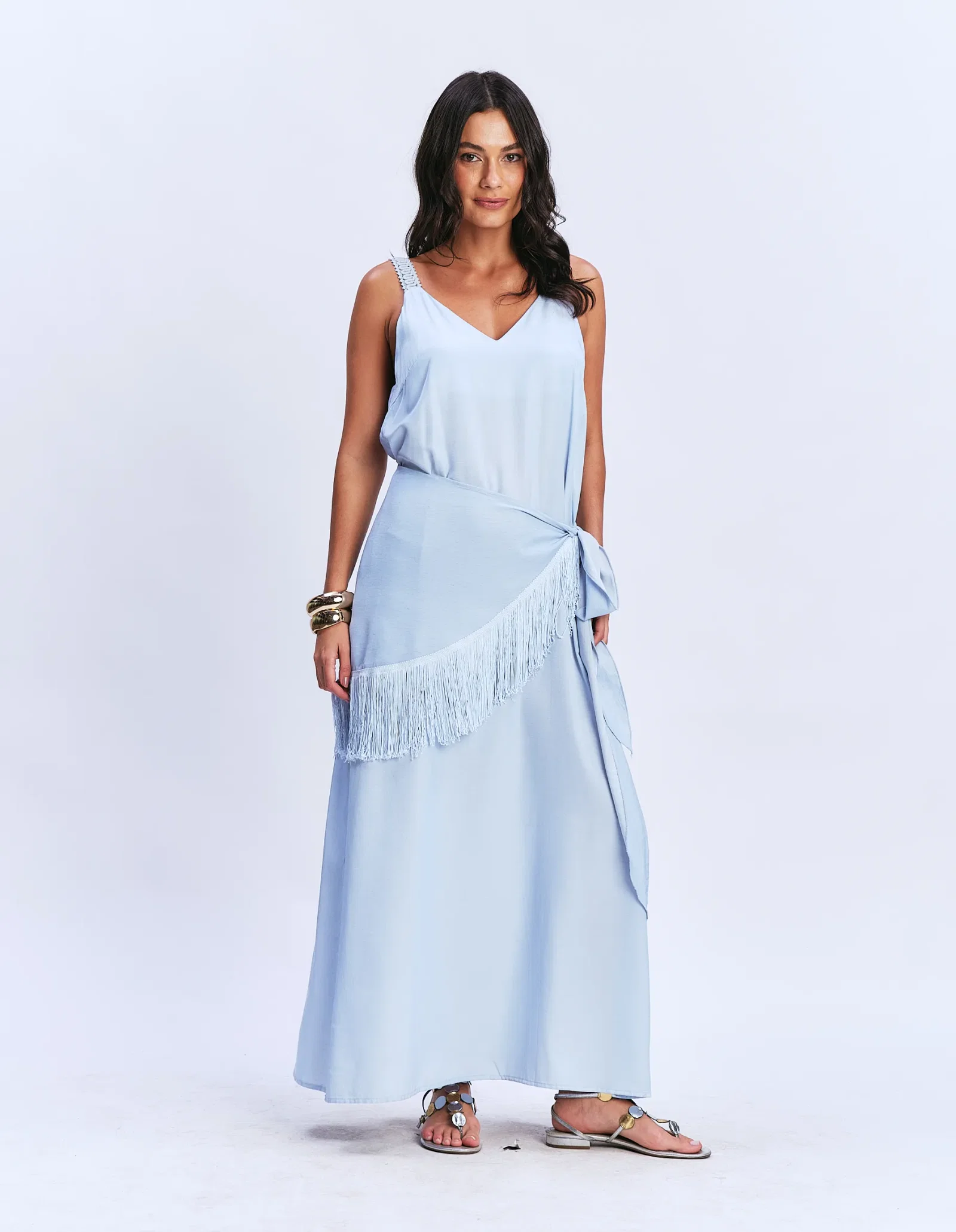 Vestido Longo Com Lenço Franja - Azul — imagem 1