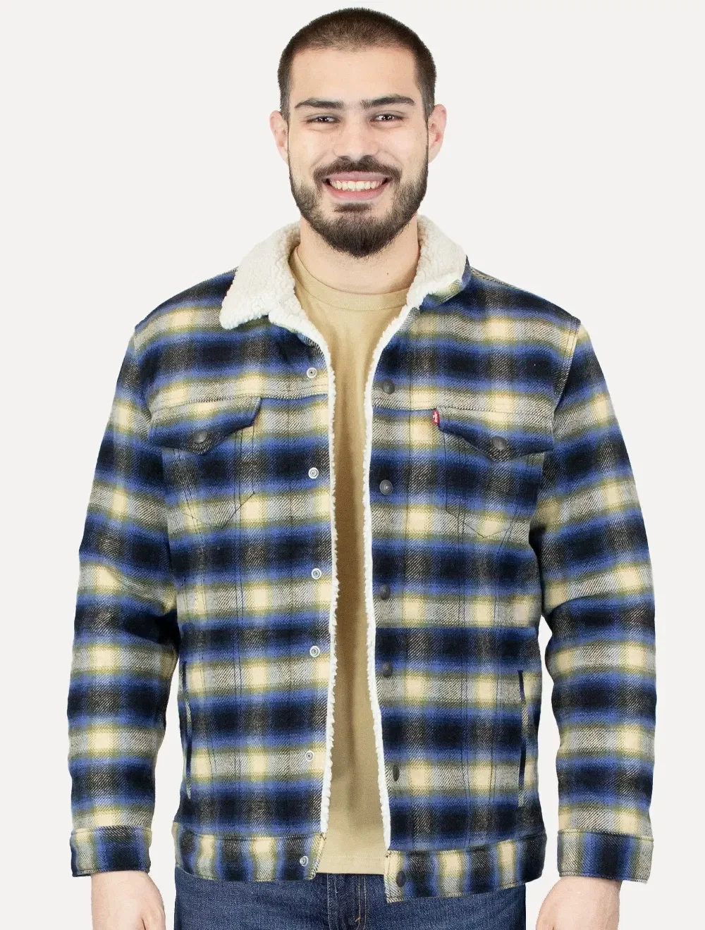 Jaqueta Levis Masculina Trucker Xadrez Print Sherpa Cáqui Azul