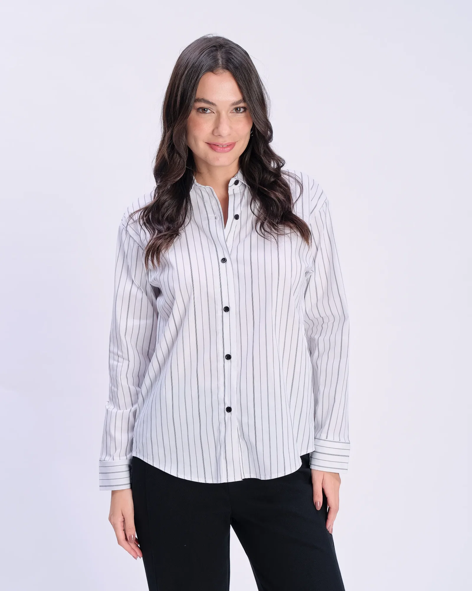 Camisa Manga Longa Listrada Color - Branco C/ Preto — imagem 1