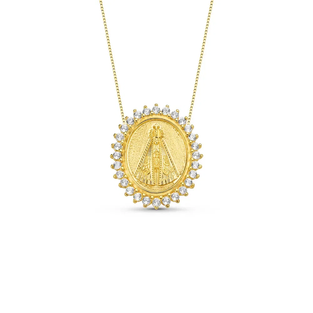 Pingente Medalha N.Sra. Aparecida em Ouro Amarelo 18k com Topázios Incolores, 20mm — imagem 1