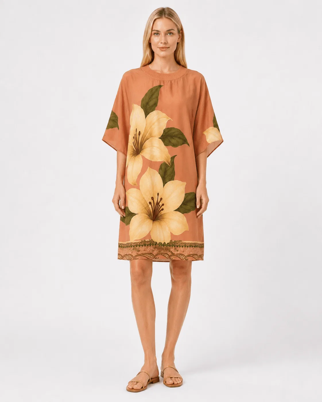 Vestido Curto Estampado Lírio Solar - Salmao — imagem 1