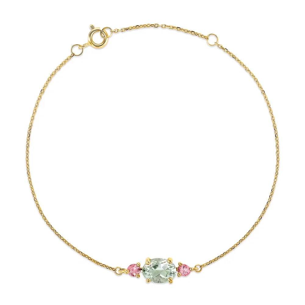 Pulseira Pietre em Ouro Amarelo 18k com Prasiolita e Turmalinas Rosa