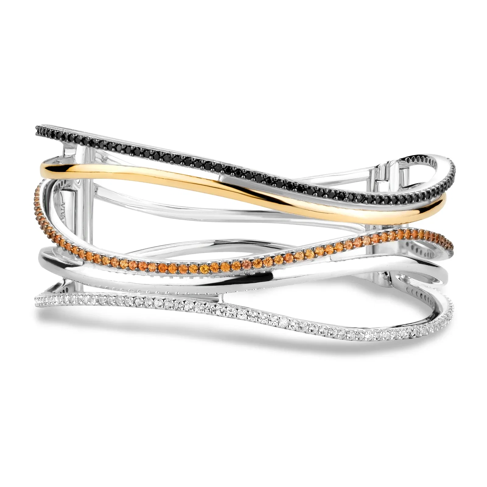 Pulseira Palace em Prata 925 e Ouro Amarelo 18k com Safira Incolor, Negra e Laranja