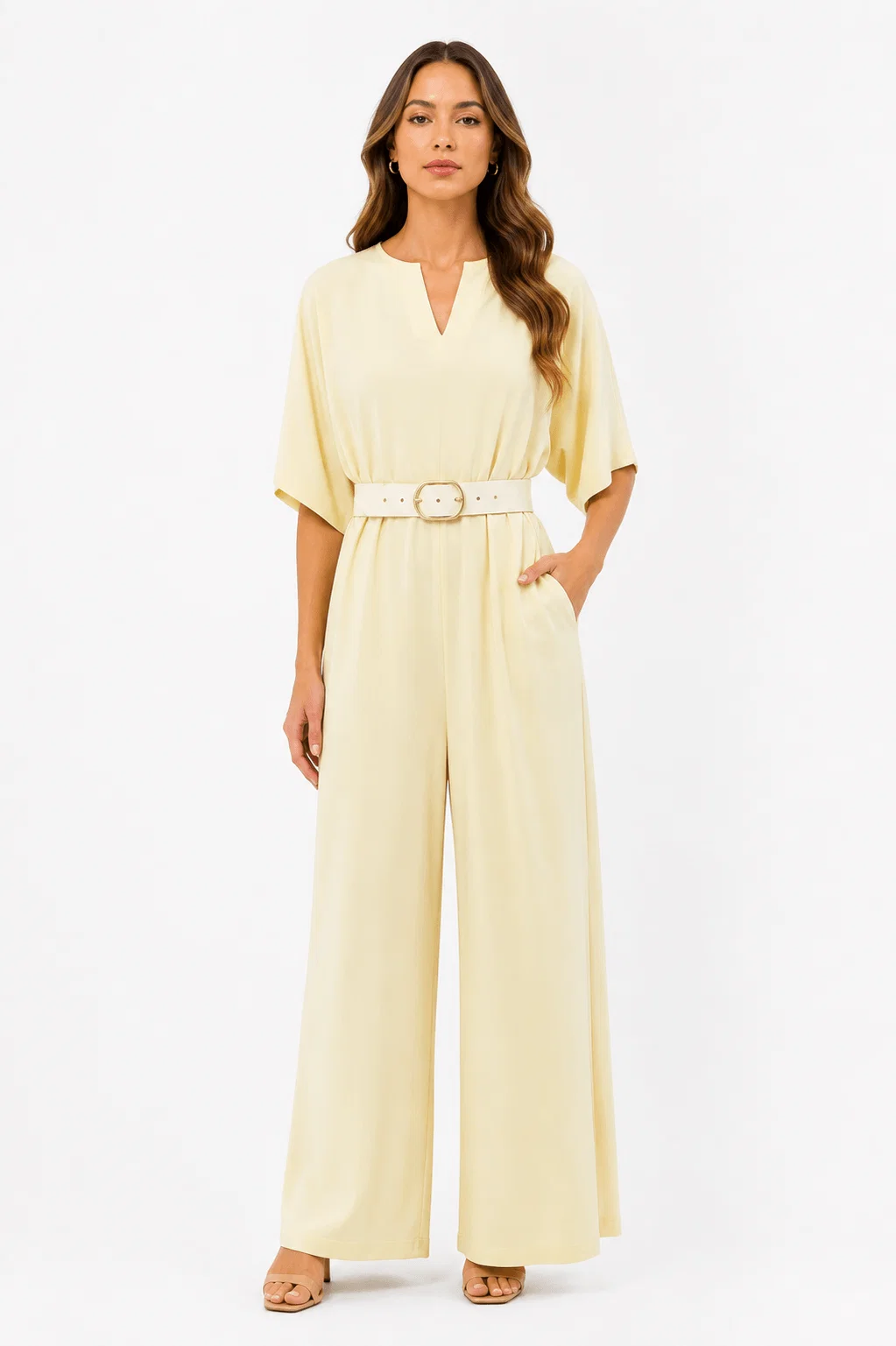 Macacão Pantalona Detalhe Cinto - Amarelo