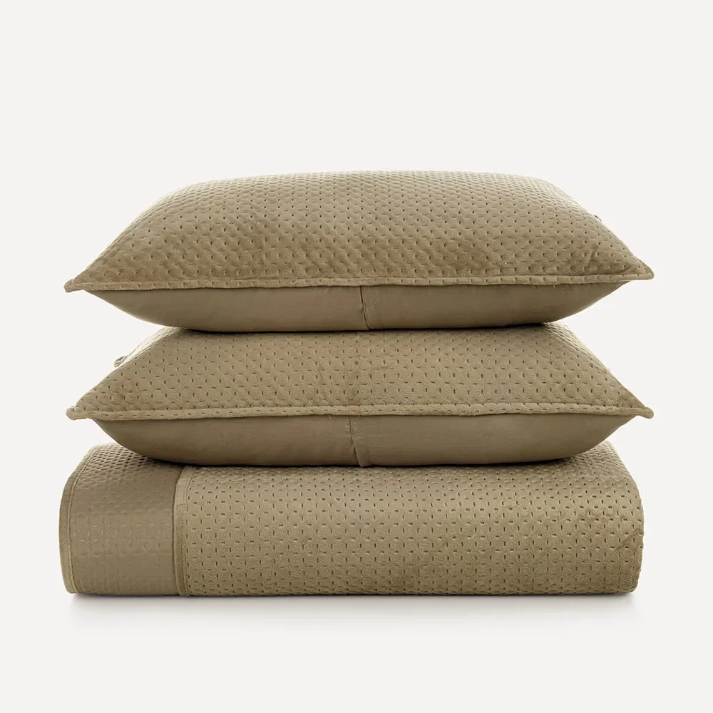 Colcha com Porta-travesseiros de veludo Loreto Taupe