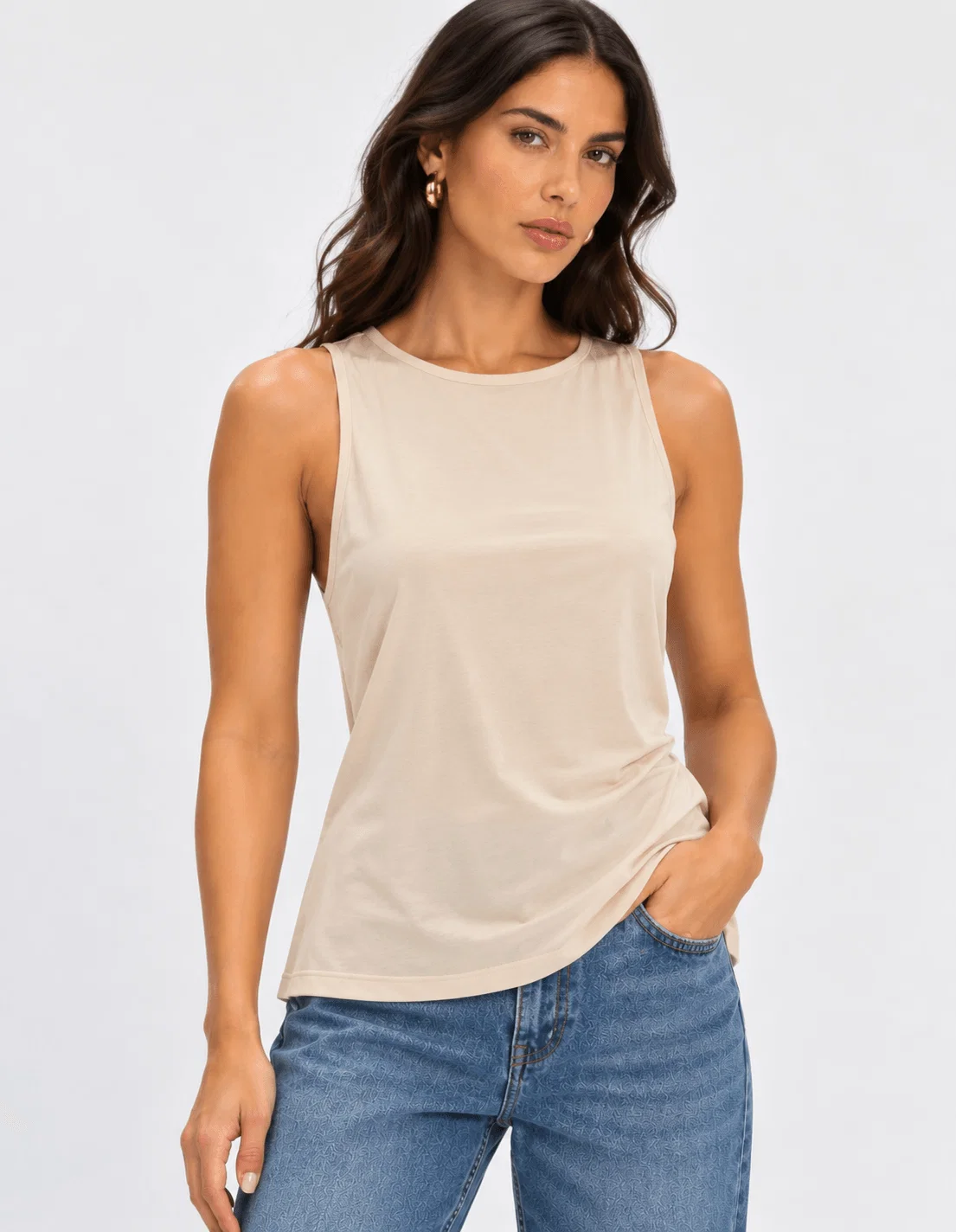 Blusa Sem Manga Decote Redondo - Areia