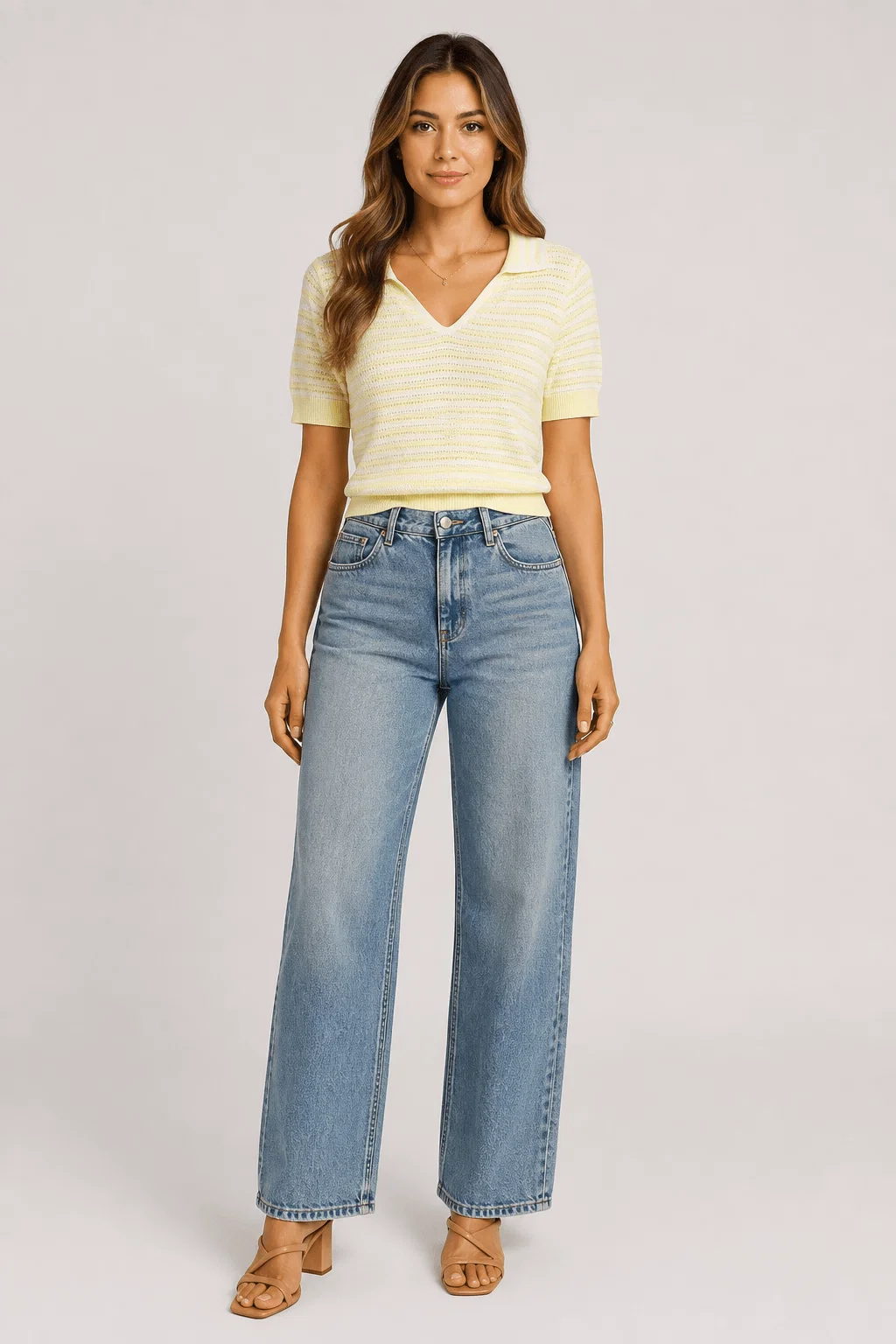 Blusa Tricô Decote v Gola Polo Listrada - Amarelo C/ Branco — imagem 1