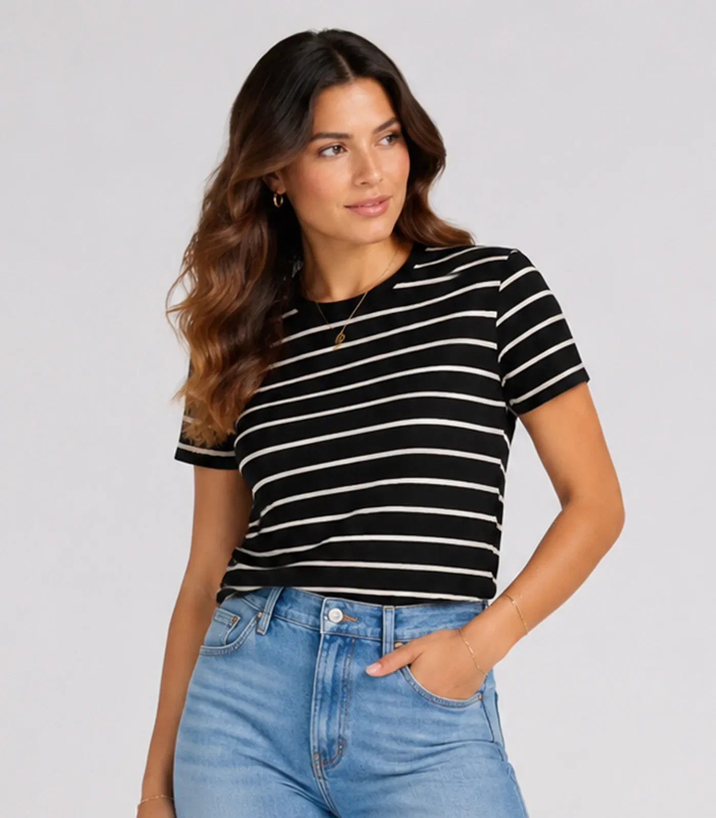 Blusa Feminina Básica Cotton Listrado Infinita Cor Preto