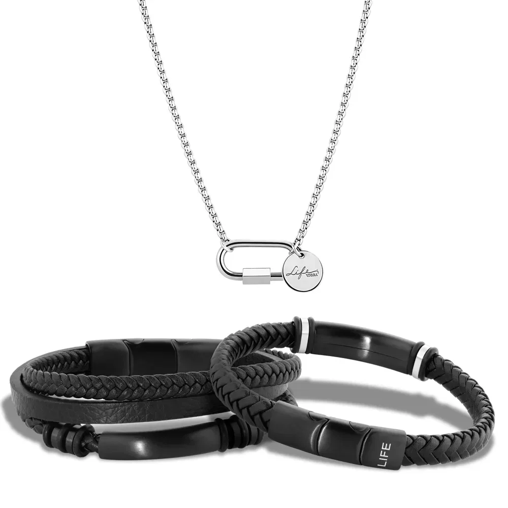 Kit Life Masculino Pulseiras Couro e Colar Mosquetão