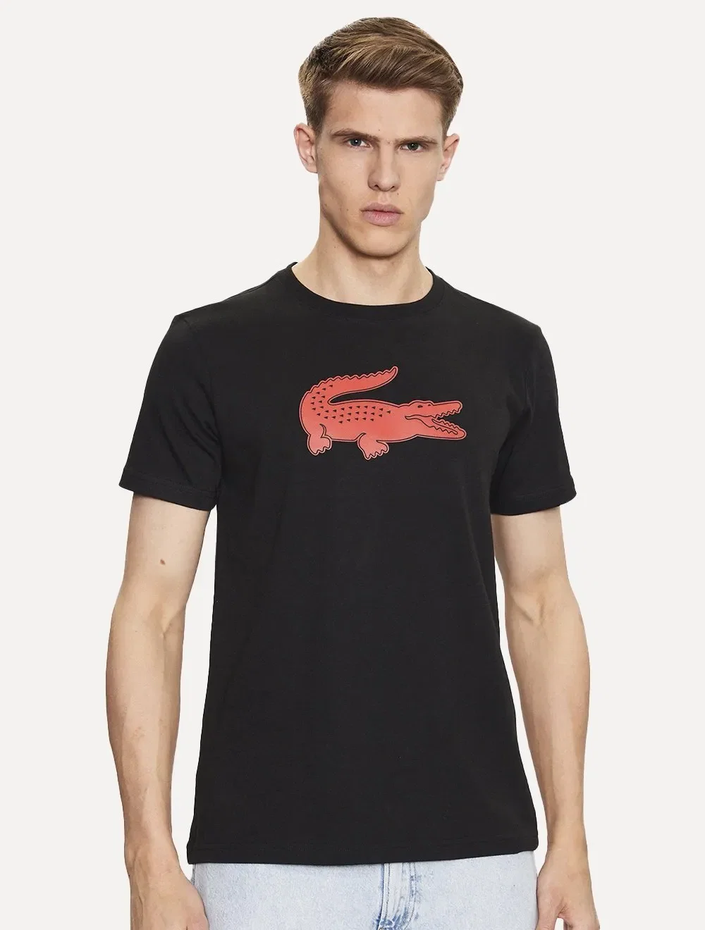 Camiseta Lacoste Masculina Jersey Sport 3D Red Logo Preta