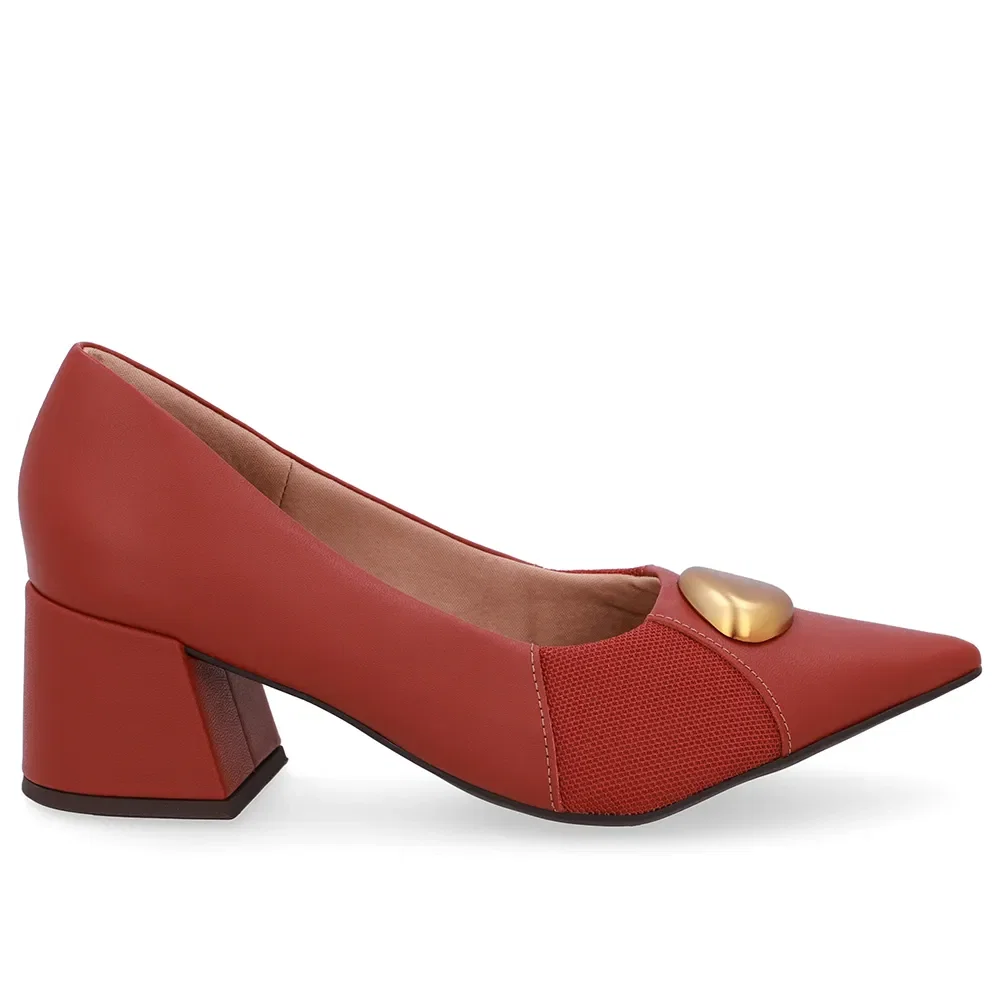 Scarpin Couro Marrom Bico Fino Lateral Tecido — imagem 1
