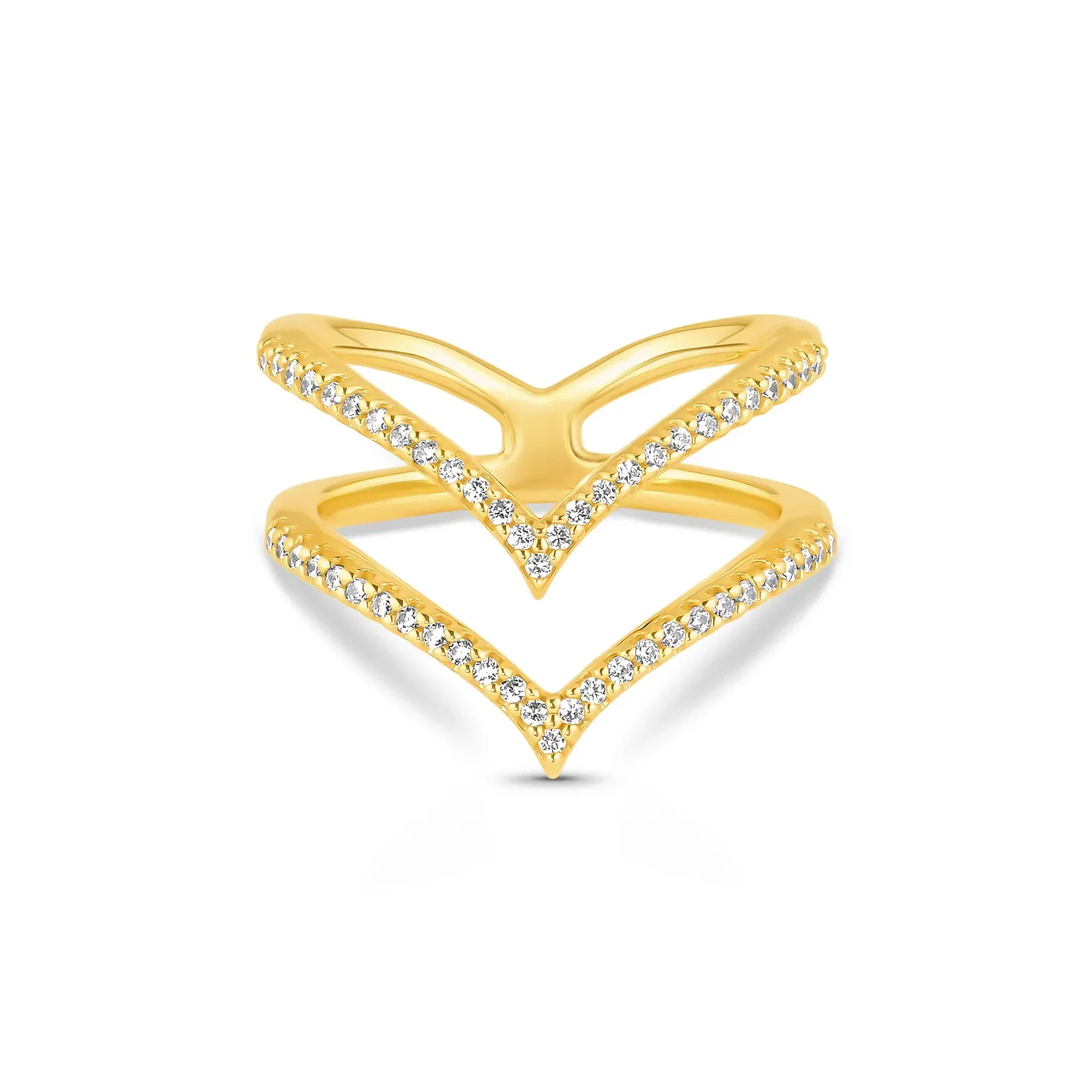 Anel Life Maxi V em Prata 925 com Banho de Ouro Amarelo 18k e Pedras Incolores