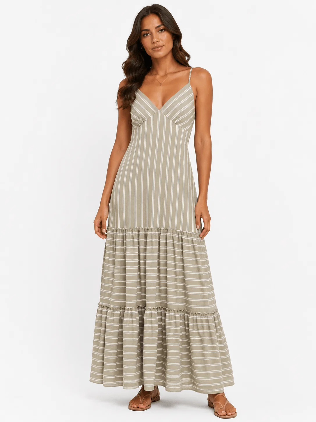 Vestido Longo Marias Listrado - Bege — imagem 1