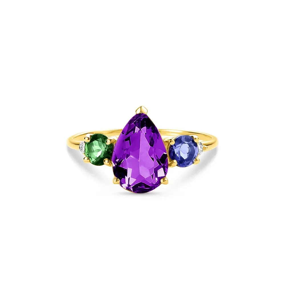 Anel Pietre em Ouro Amarelo 18k com Ametista Roxa, Turmalina Verde, Iolita e Diamante — imagem 1