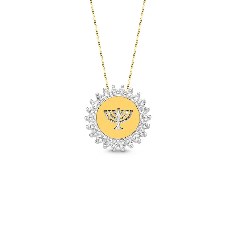 Pingente Medalha Menorah em Prata 925 e Ouro Amarelo 18k com Topázios Incolores, 15.4mm — imagem 1